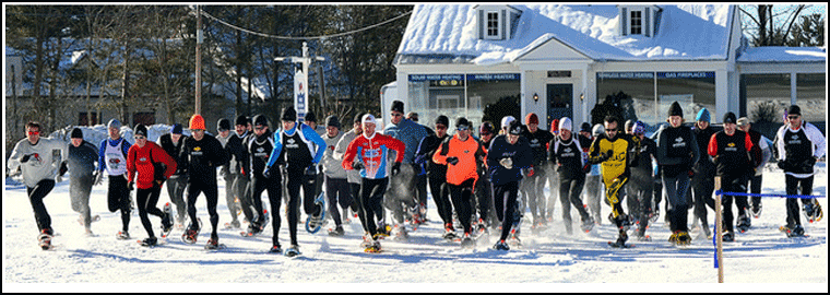 Start of First Annual Whitaker Woods Snowshoe Scramble - a 4-mile snowshoe race - a Granite State Race Series Event